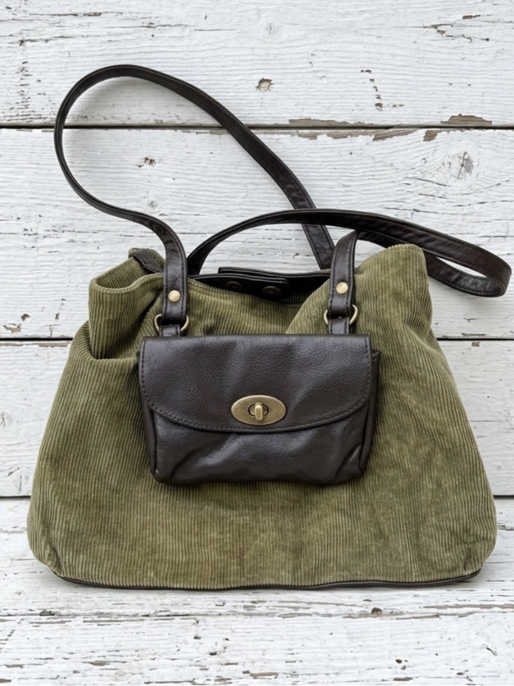 Olive Green Corduroy Tote with Dark Brown Front Pocket